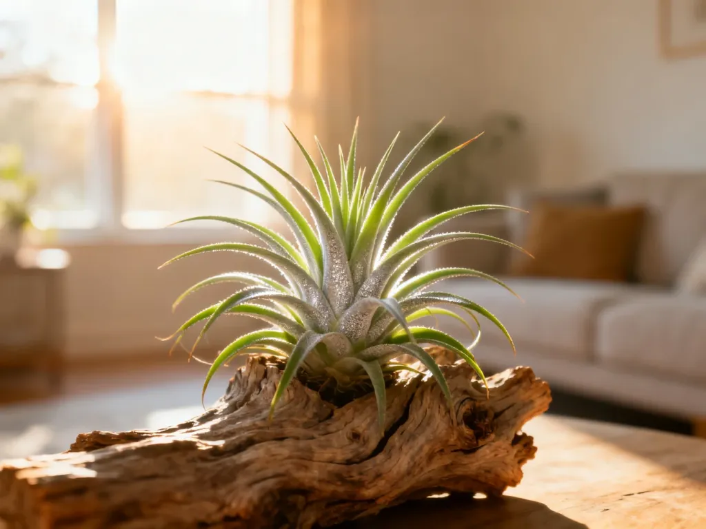 Tillandsia o srebrzystozielonych liściach umieszczona na kawałku drewna w słonecznym, domowym wnętrzu.