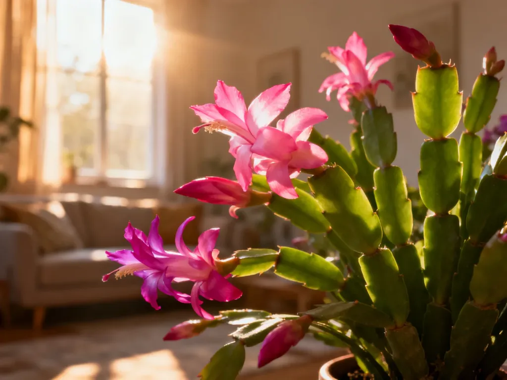 Kwitnąca schlumbergera o różowych kwiatach na tle przytulnego, nasłonecznionego salonu.