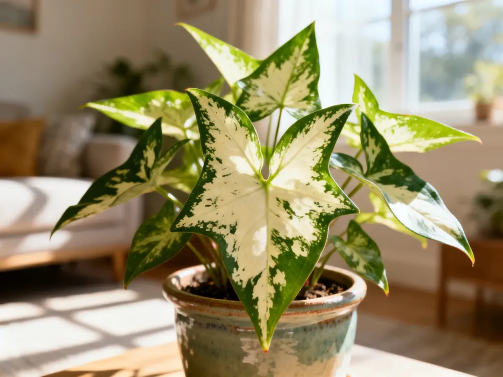 Zbliżenie na roślinę Syngonium o pstrych, strzałkowatych liściach w ceramicznej doniczce w jasnym, przytulnym wnętrzu.