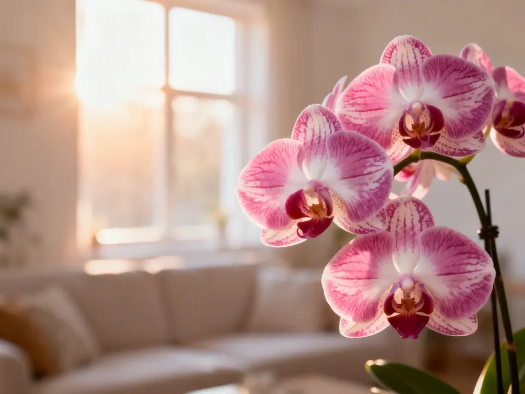 Zbliżenie na kwitnącą orchideę Phalaenopsis o różowo-białych płatkach w słonecznym, domowym wnętrzu.