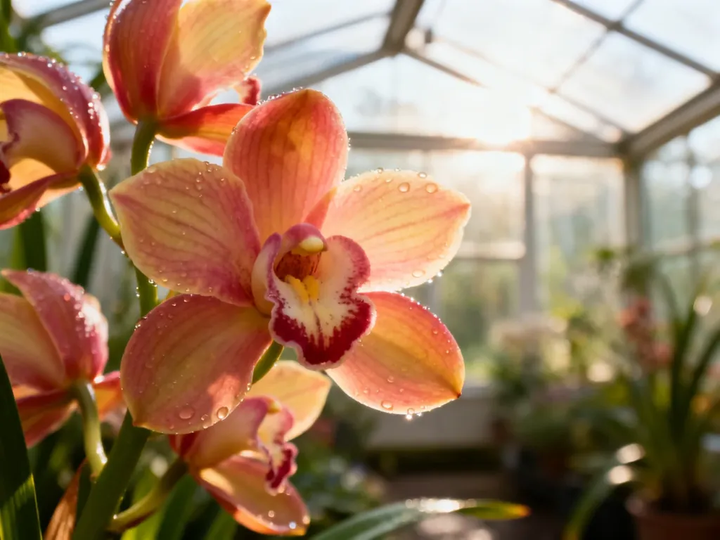 Zbliżenie na kwitnącą orchideę Cymbidium z kroplami rosy na płatkach, w jasnym, słonecznym wnętrzu oranżerii.