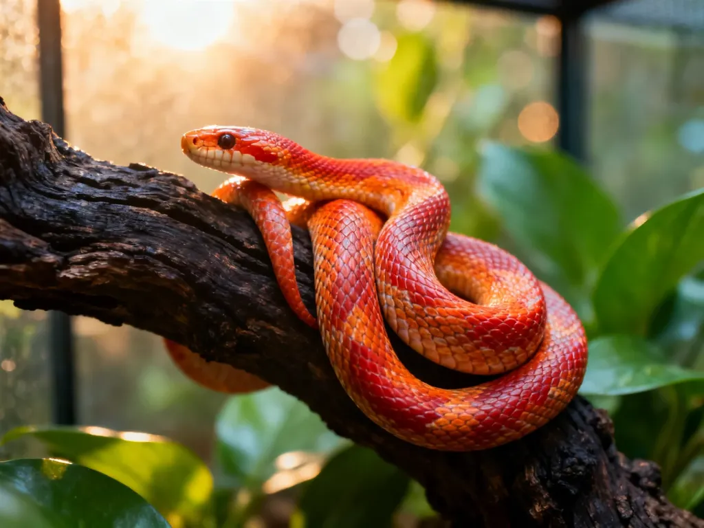 Wąż zbożowy o pomarańczowo-czerwonych łuskach owinięty wokół gałęzi w terrarium oświetlonym ciepłym światłem.
